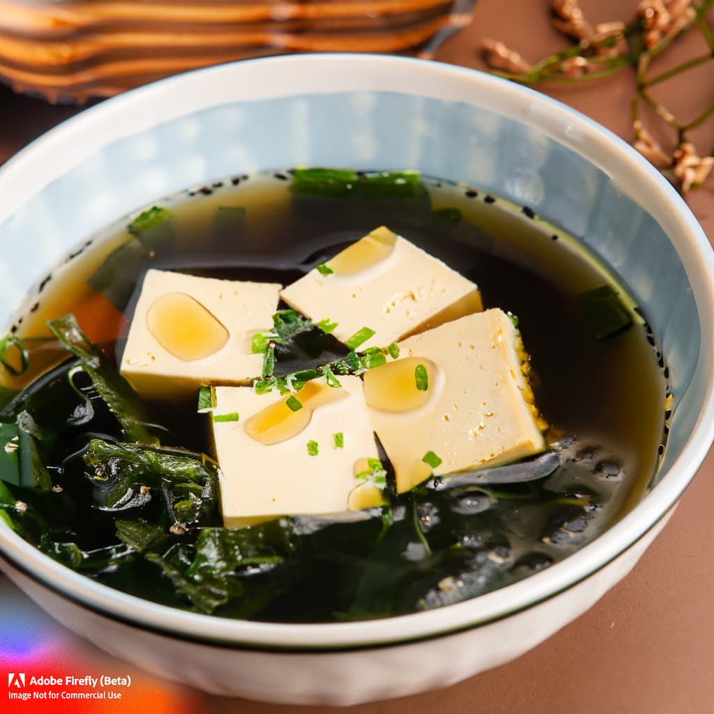 Traditional Japanese soup made with miso paste, tofu, and seaweed