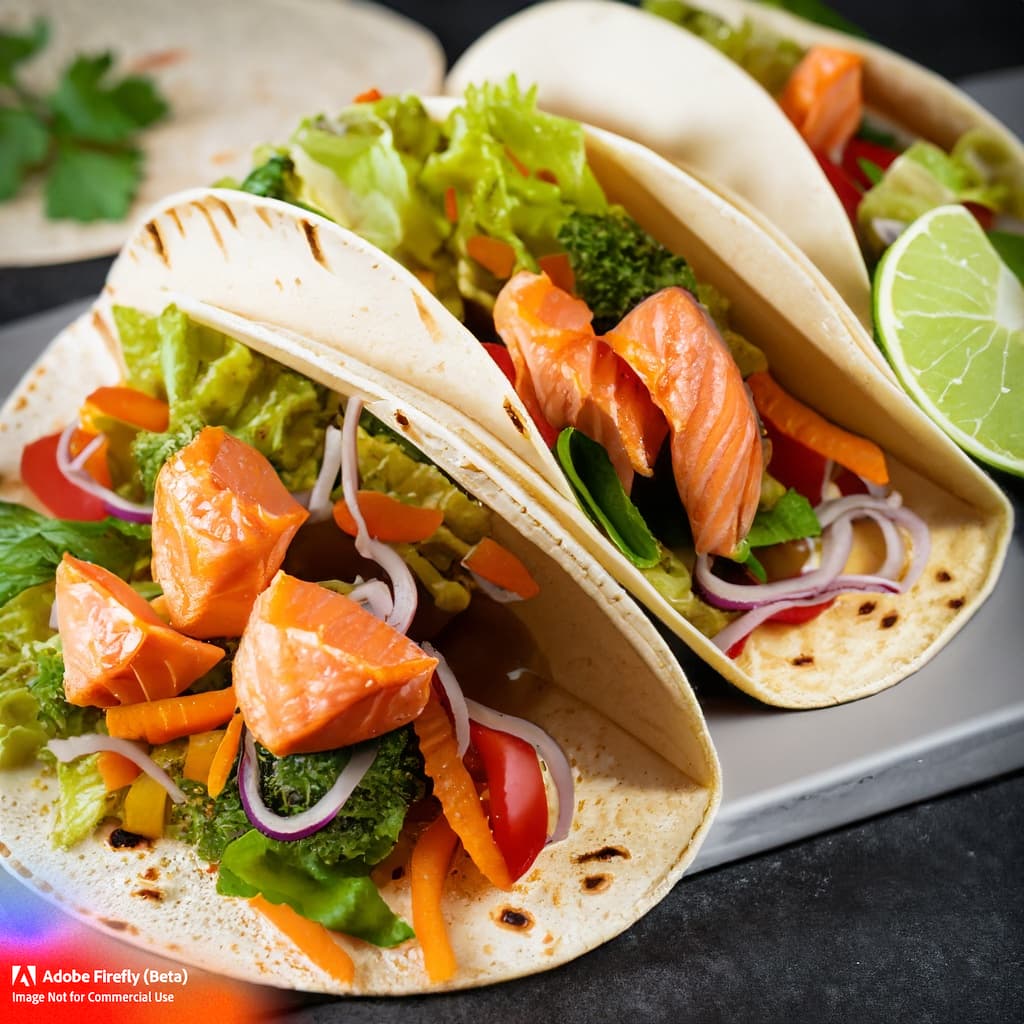 Fresh salmon tacos with chipotle sauce and shredded cabbage