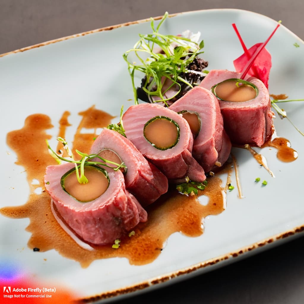 Seared slices of tuna marinated in soy sauce and sesame