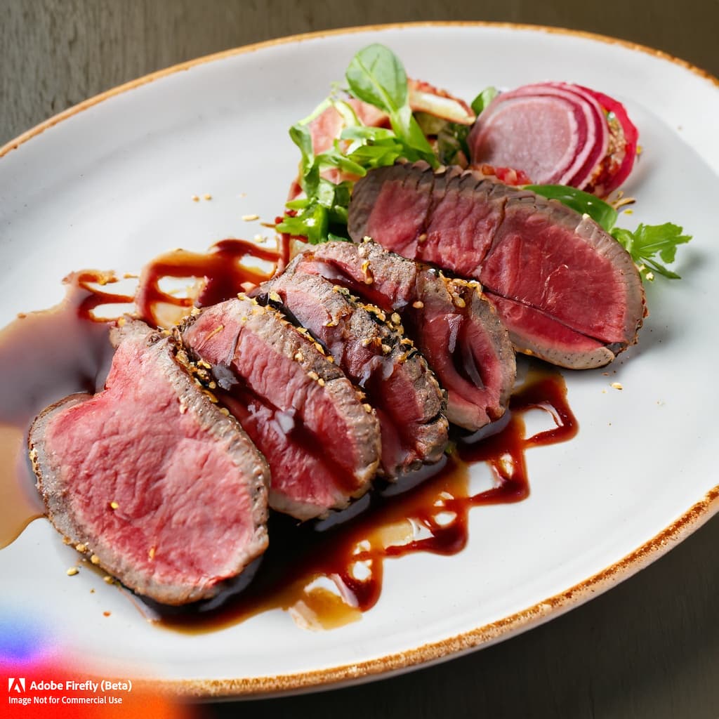 Thinly sliced seared beef marinated in soy sauce and ginger