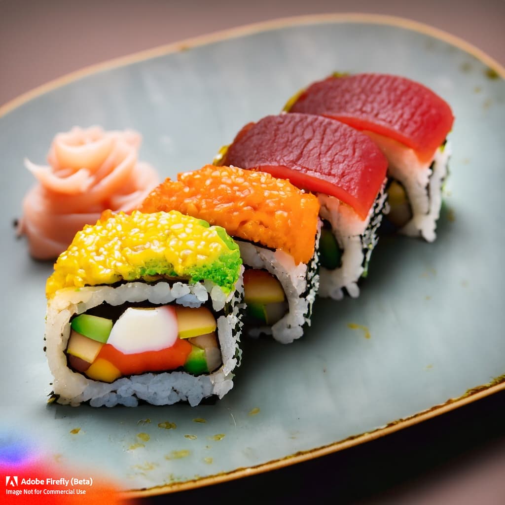 Uramaki filled with shrimp, avocado, and topped with assorted fish slices and vegetables