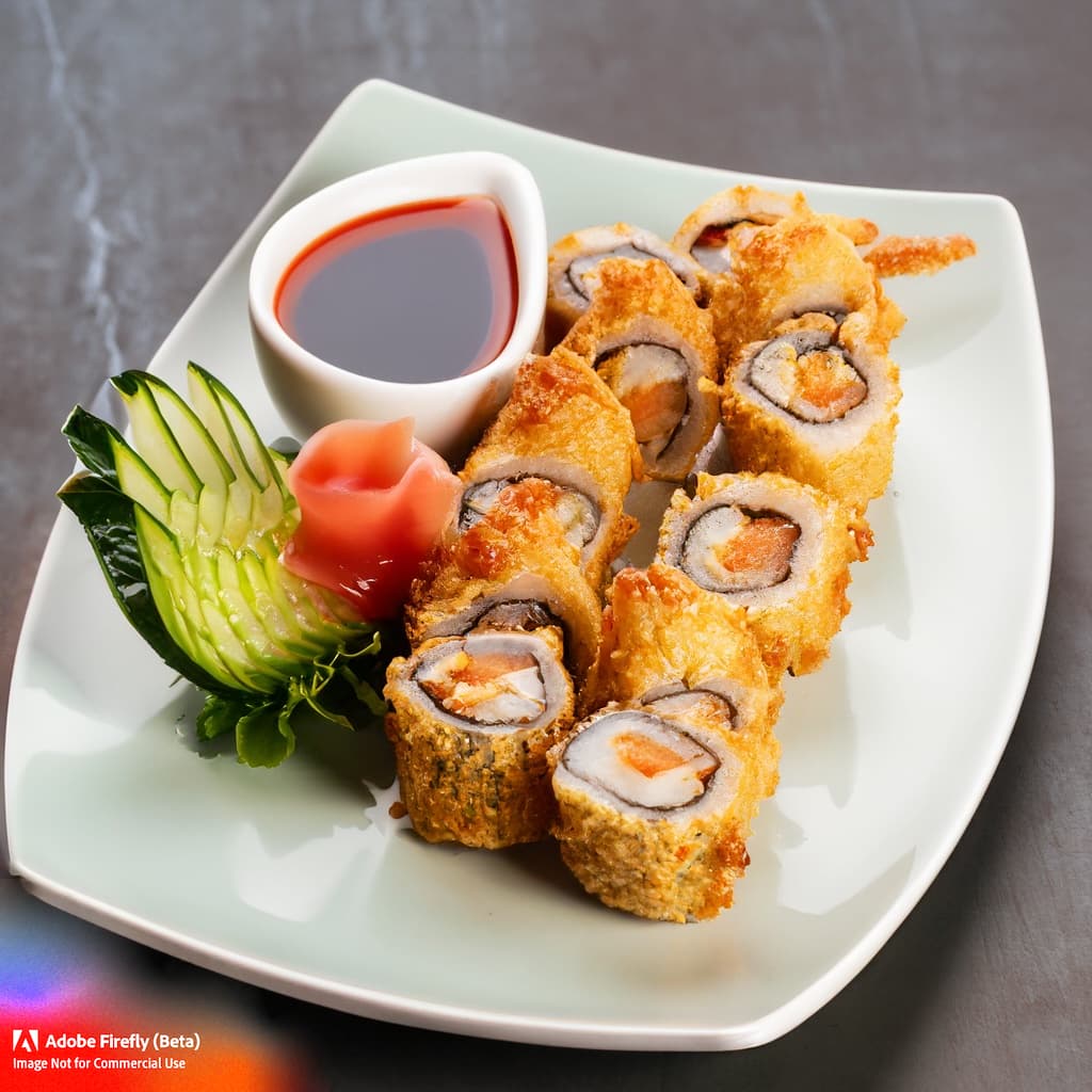 Deep-fried uramaki filled with tempura shrimp, avocado, and cream cheese